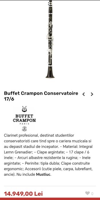 Vând clarinet Buffet Crampon Conservatoire 17/6