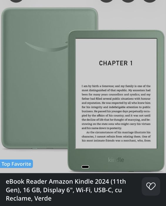 eBook Reader Amazon Kindle 2024 (11th Gen), 16 GB, Display 6", Wi-Fi, USB-C, cu Reclame, Verde