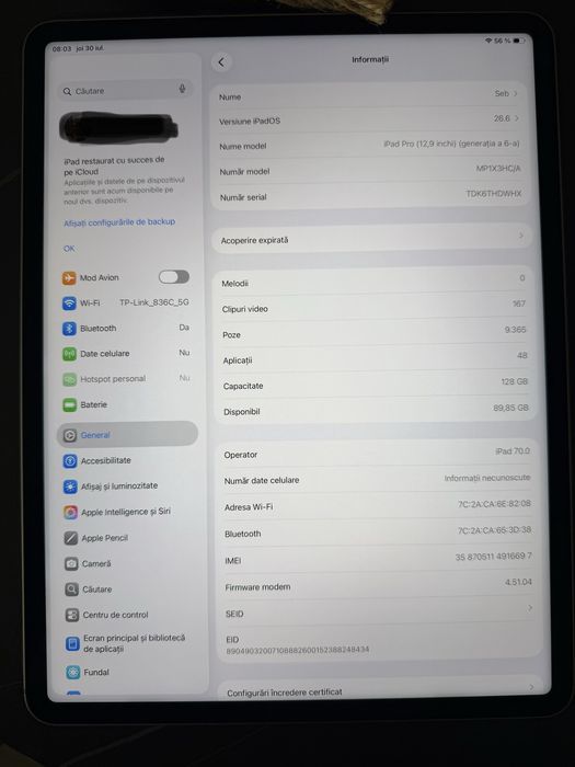 Ipad Pro 12.9 6th Generation M2 Cellular + Wifi 128GB