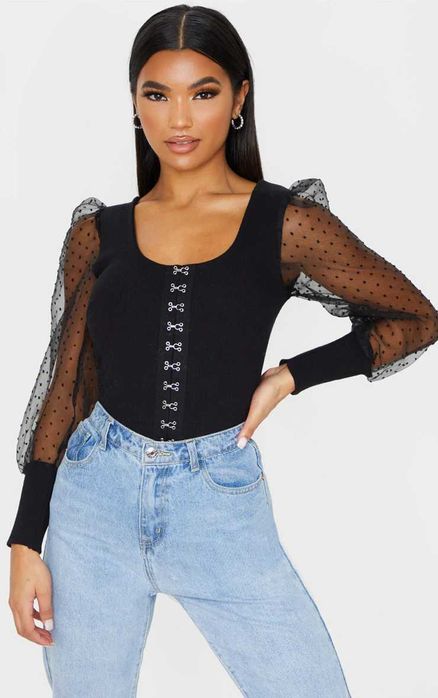 PrettyLittleThing черен топ тип корсет с органза ръкави XS