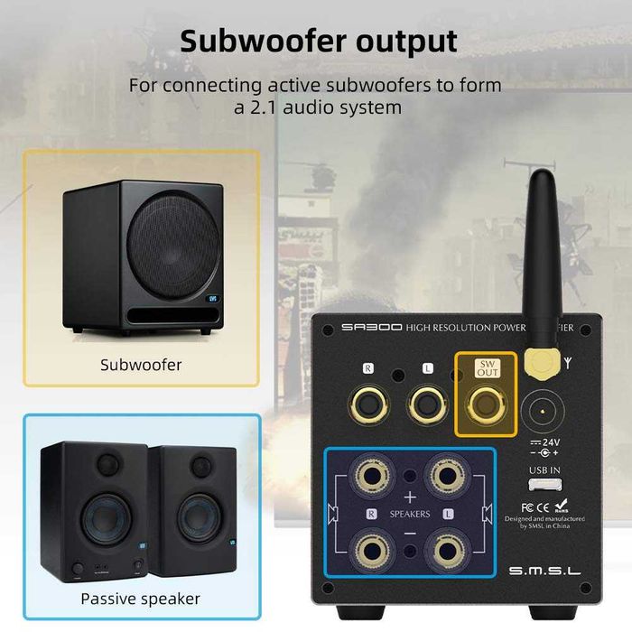[ДЕФЕКТ] S.M.S.L SA300 мини усилвател 80W RCA USB Bluetooth 5.0 черен