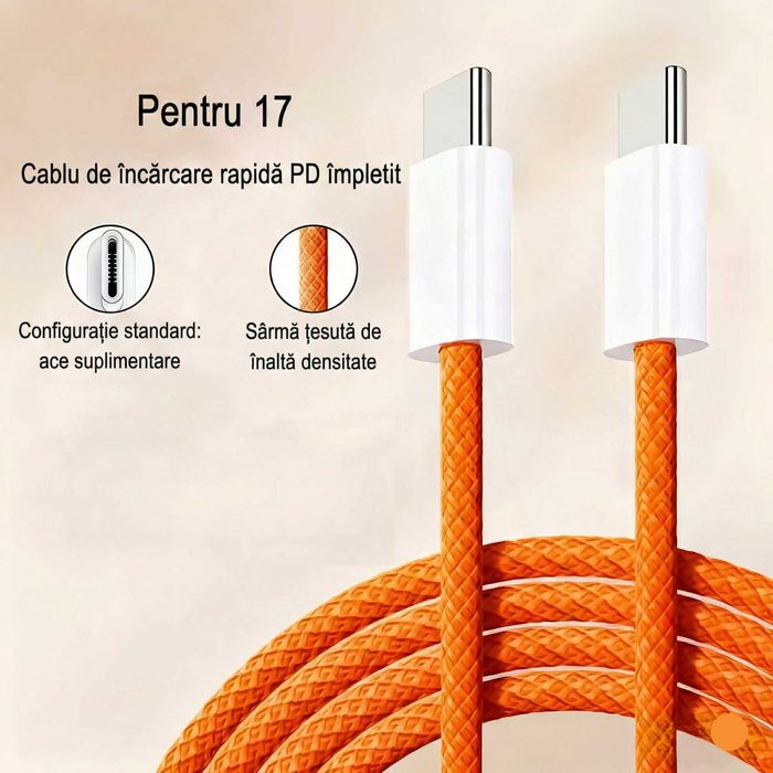 Cablu USB-C la USB-C 60W, Wyred by Monga, 1m, Împletit, Portocaliu NOU