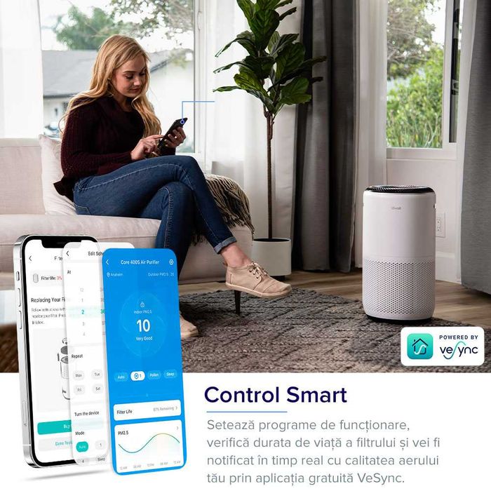 Purificator de aer Smart Levoit Core 400S Wi-Fi, Filtru 3 in 1 Hepa