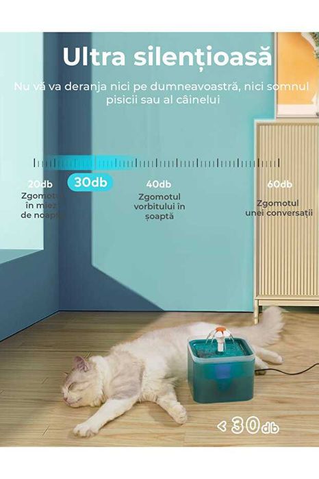 Fantana apă pisici 2L, LED, filtru carbon, USB, ultra-silențios, Verde
