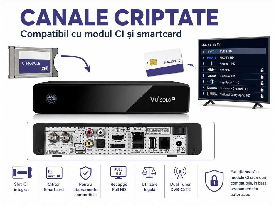 Receiver IP TV Local VU+ Solo SE V2 Dual Tuner DVB-C/T2 Enigma2 cu 2 Tunere DVB-C