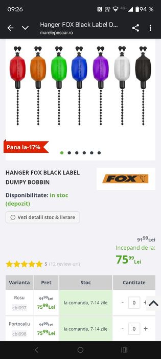 Vand 4 buc hanger fox rosu 280 si 2 lansete feeder de 3..90 450 lei