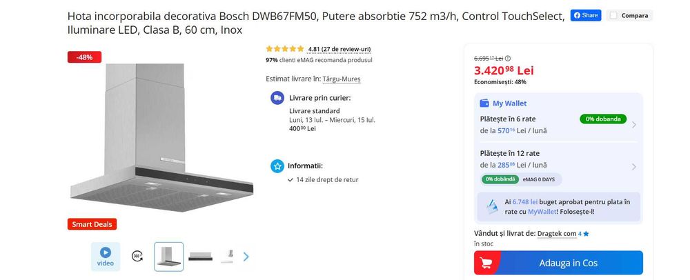 Hota incorporabila decorativa Bosch DWB67FM50, Putere absorbtie 752 m3/h, Control TouchSelect, Iluminare LED, Clasa B, 60 cm, Inox