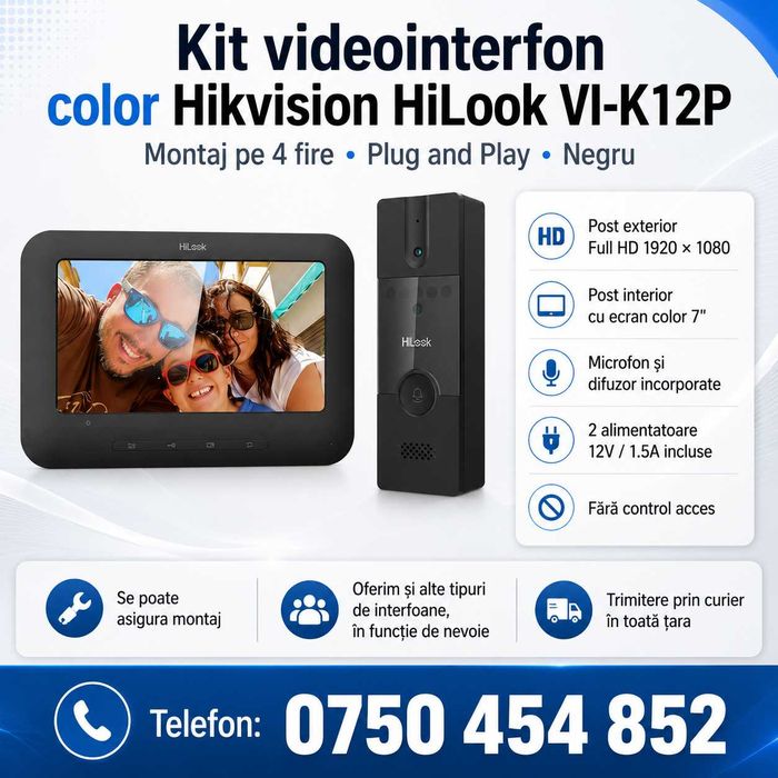 Kit videointerfon color Hikvision HiLook VI-K12P( se poate si montaj )  – Plug & Play, 4 fire, negru