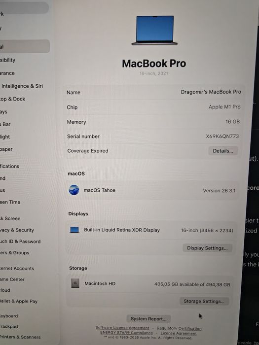 Apple MacBook Pro 16″ 2021, M1 Pro 10 Cores, 16 GB Unified Memory, 512 GB (тъмносив)