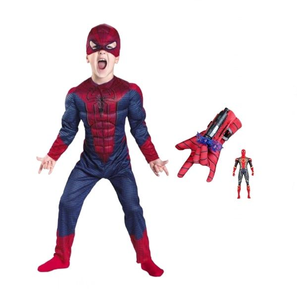 Set costum Spiderman cu muschi si manusa cu ventuze, figurina,marime S