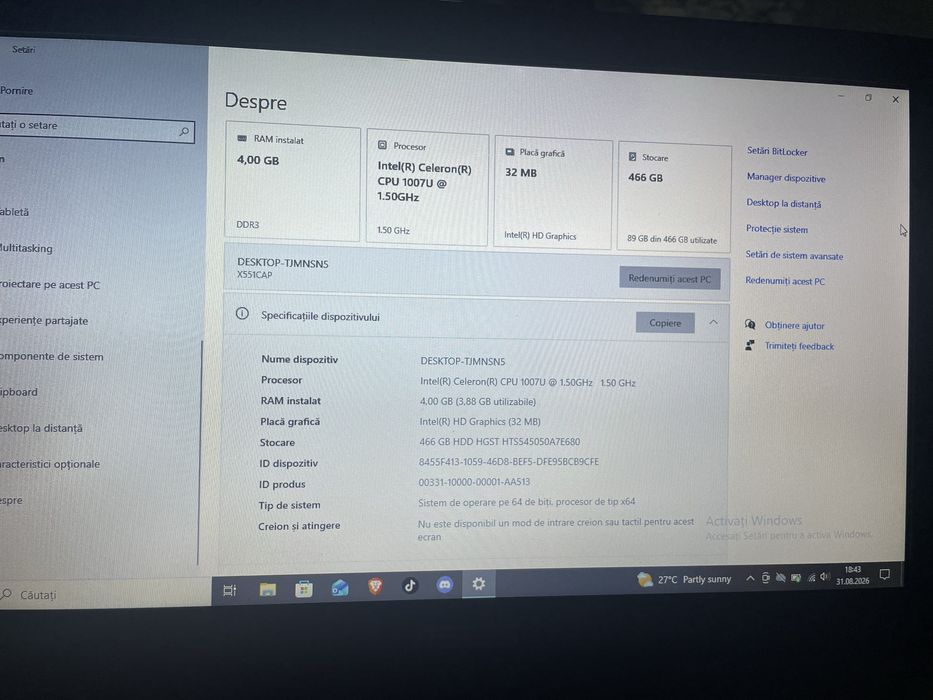 Laptop Intel Celeron 1007U / 4GB RAM / HDD 500GB – funcțional