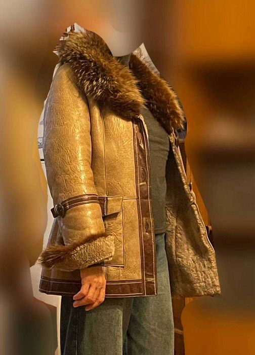 Geacă damă piele naturală, îmblănită, cu guler de vulpe polară brună