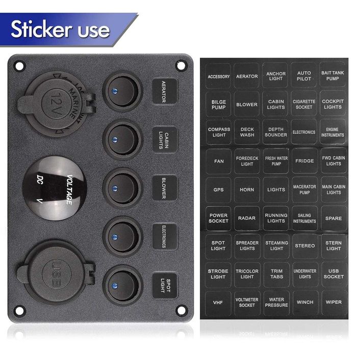 Панел за вграждане с 5 бутона, USB, 12V и волтметър