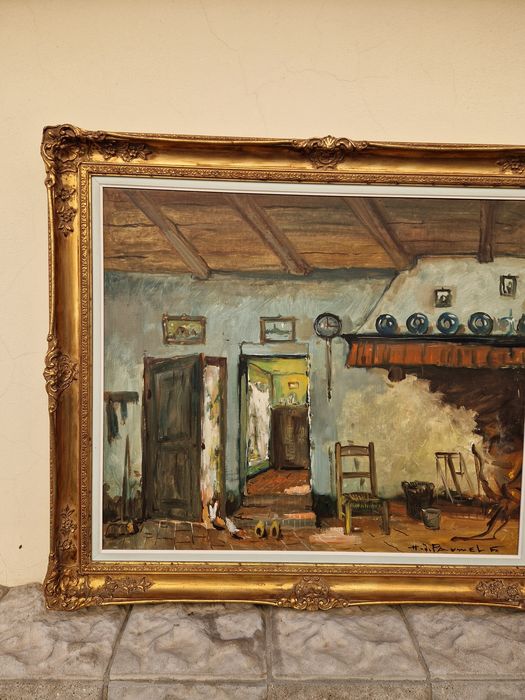 Прекрасна голяма антикварна белгийска картина масло върху платно