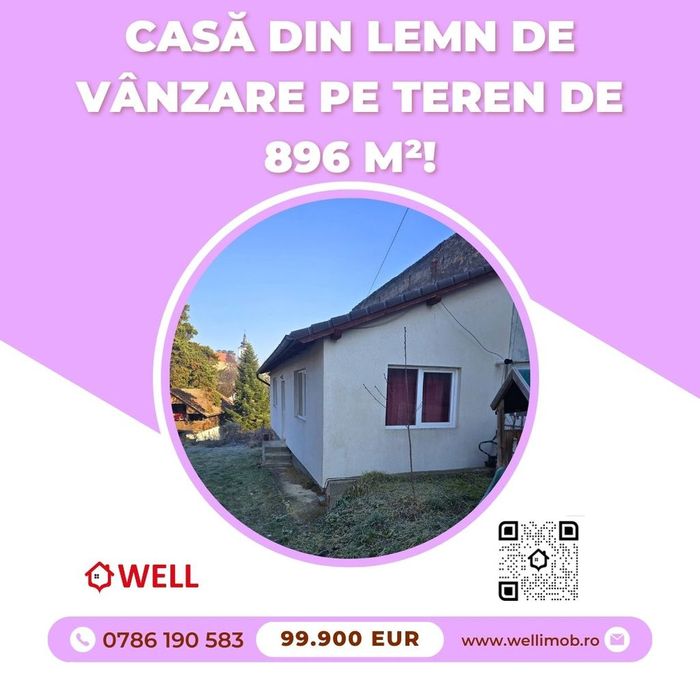 Casă din lemn de vânzare pe teren de 896 m²!