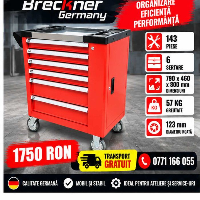 Dulap atelier cu scule 143 piese 6 sertare Carucior mecanic Breckner Germany Nou 1750 Ron Transport Gratuit