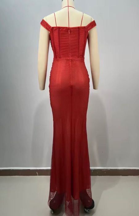 Rochie de nașă lungă roșie din plasă luxury - nouă