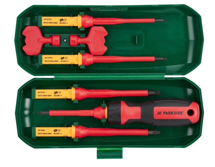 PARKSIDE комплект 1000V VDE отвертка-държач и накрайници,в компактна пластмасова кутия