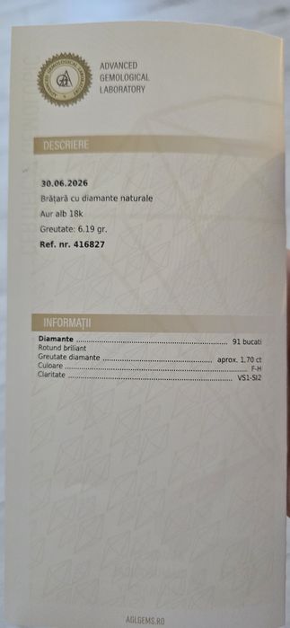 Brățară tenis 18 k diamante 1.70 ct F-H okazie