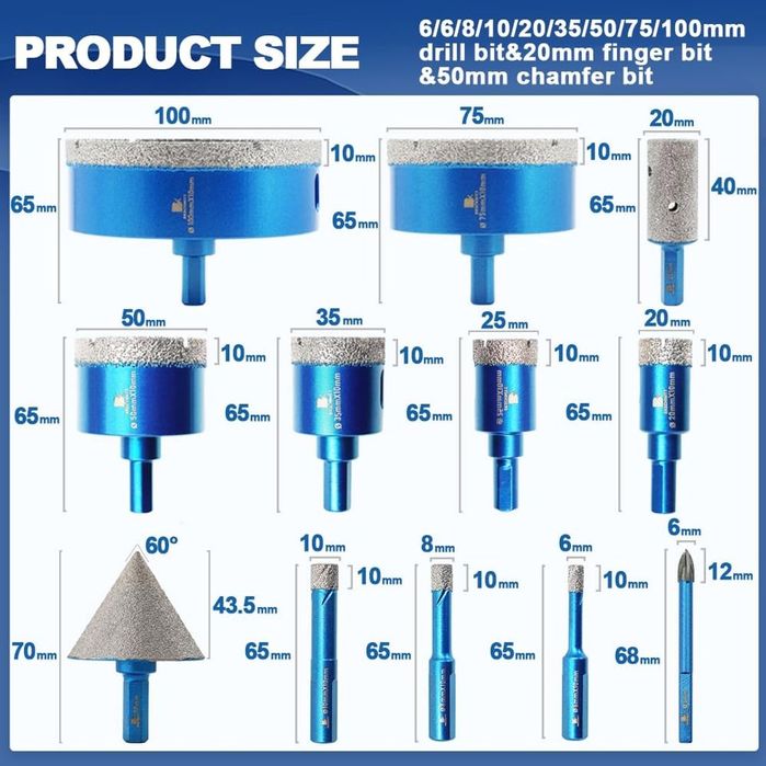 Set burghie si carote diamantate pentru gresie / porțelan / ceramică – 12 piese