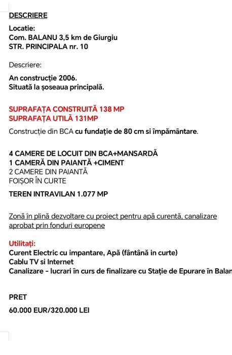 Casă de vânzare, Bălanu, Jud.Giurgiu