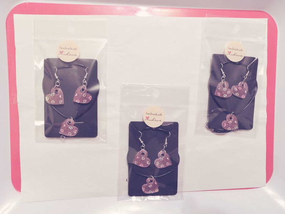 Set Colier + Cercei Love Glitter Hart, handmade, fashion, modele unice