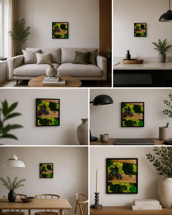 Tablou premium mușchi stabilizat + lemn nuc 50x40 cm handmade