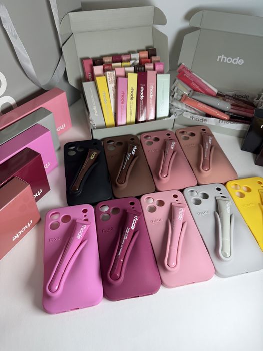 Rhode калъф + Rhode гланц за iPhone | Rhode Lip Case + Lip Gloss оригинални + Peptide Lip Tint Treatment всички модели и цветове налични iPhone 18 Pro
