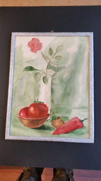 Ваза с цветя. Акварел. В прекрасна сребърна рамка със стъкло отпред.