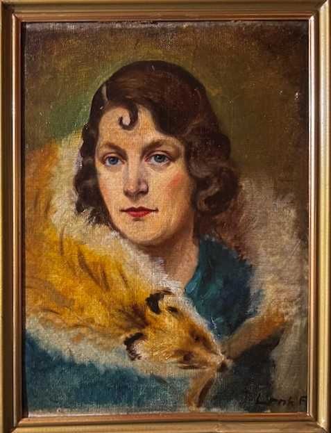 "DOAMNA CU GULER DE VULPE" Tablou f vechi, ulei/pz/c, semnat 50x36cm+R