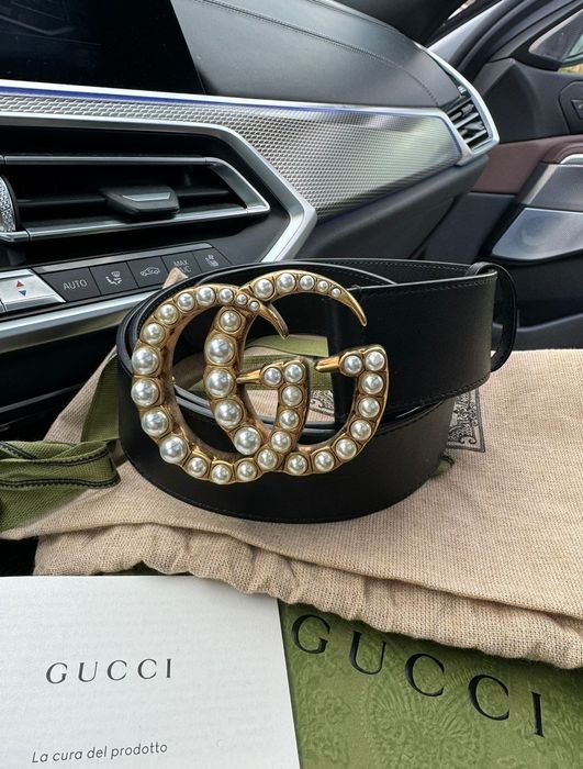Curea originala Gucci Black Leather Belt With Perle Double G Buckle