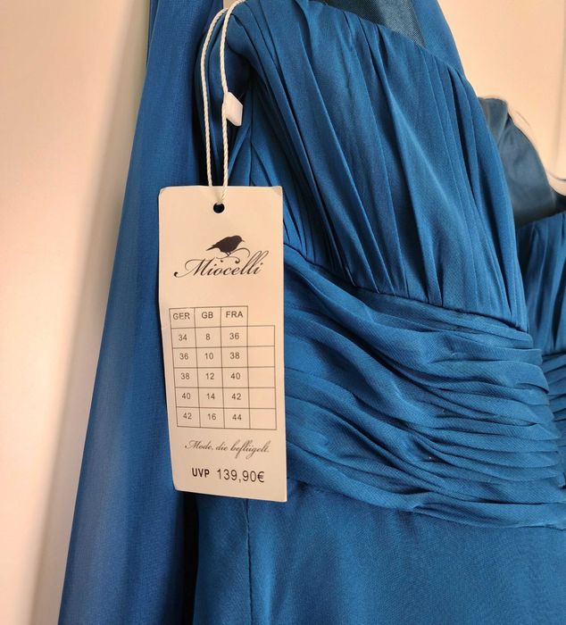 Rochie elegantă de seară albastru petrol – model pe un umăr, nouă