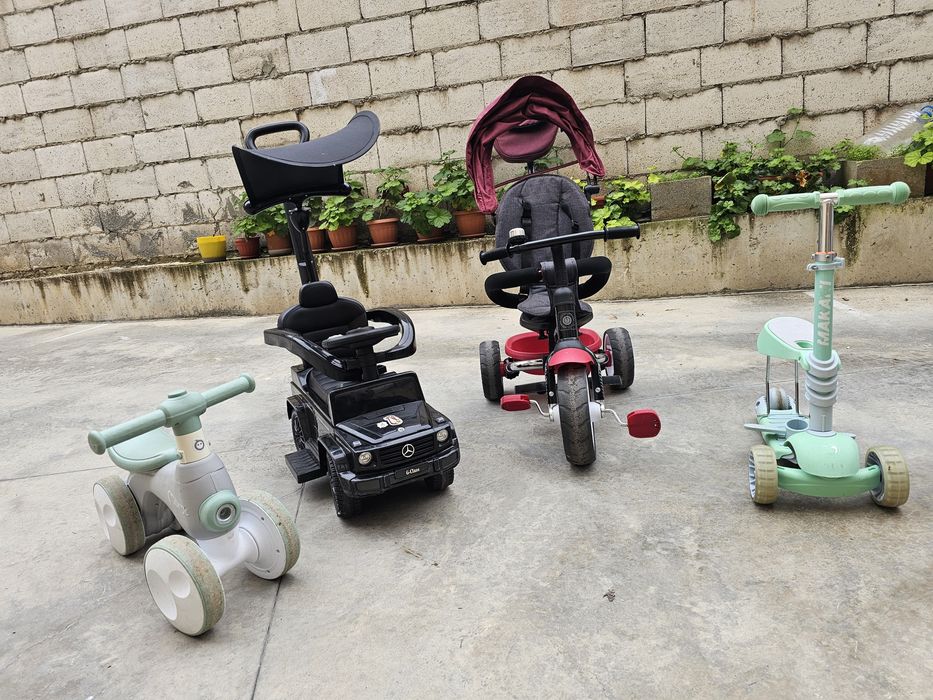Детска кола, триколка, тротинетка и играчка за яздене