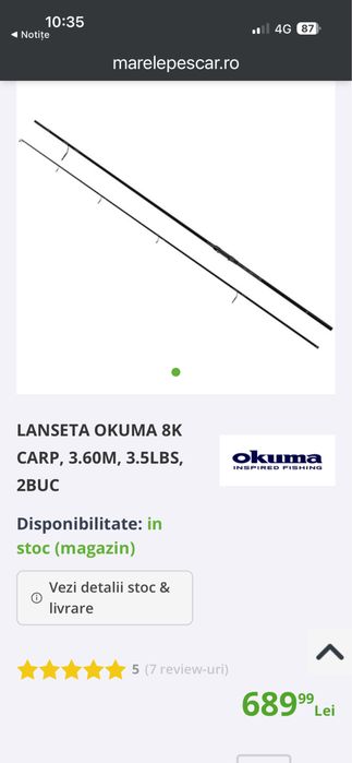 2 bucati Lanseta Okuma 8K CARP, 3.60M, 3.5LBS, 2buc