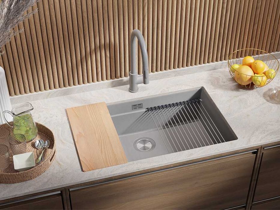 Сива кухненска мивка за вграждане под плот Прага 80 Level 760 x 470 мм