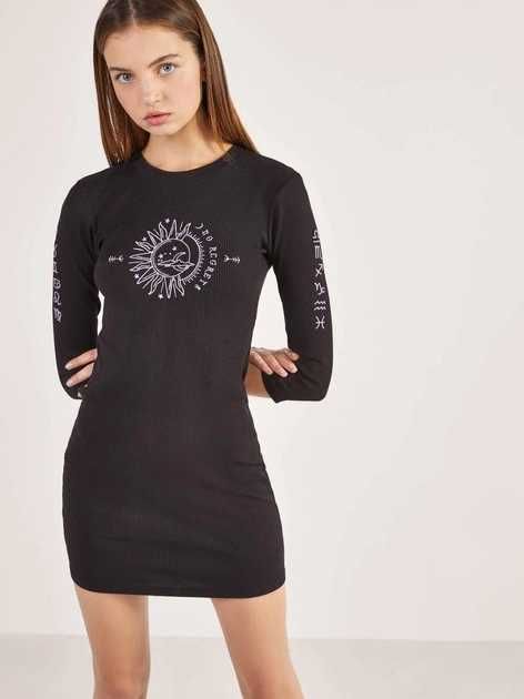 Bershka дълга черна рокля на зодии луна/слънце