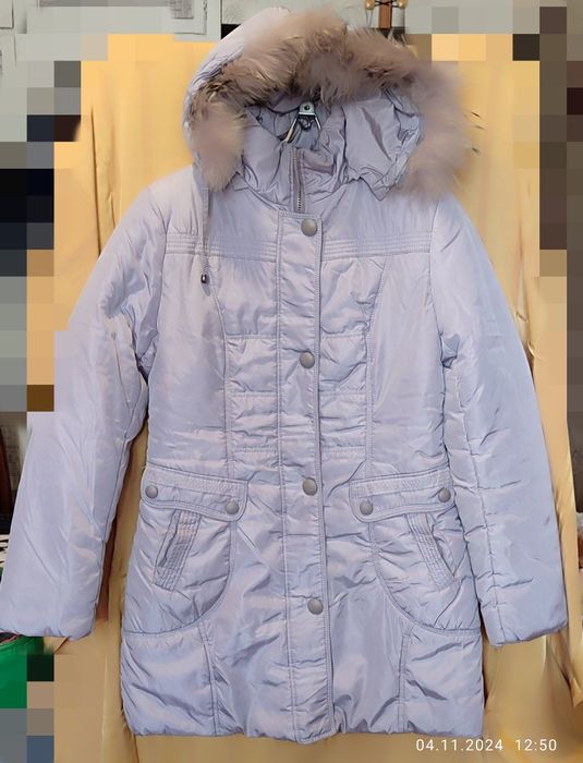 Пуховик зимний, красивого сиреневато-серого цвета. Размер 48-50