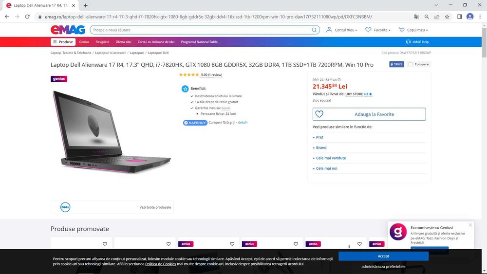 Laptop gaming Alienware 17,3" ,intel core i7- ,video 8 GB, ram 32 gb