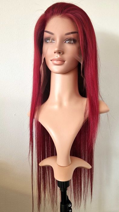 Естествена бордо тъмно червена дантелена перука 80 см - 13x6 Lace