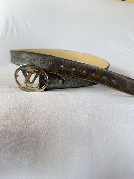 Curea maro cu catarama aurie/ Brown Leather Monogram Belt - - Gold Buckle