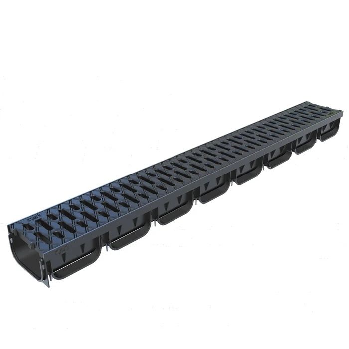 Rigola plastic Vodaland, pietonala, exterioara, pentru scurgere apa pluviala, cu gratar polipropilena, A15, 1000 x 125 x 70 mm, negru