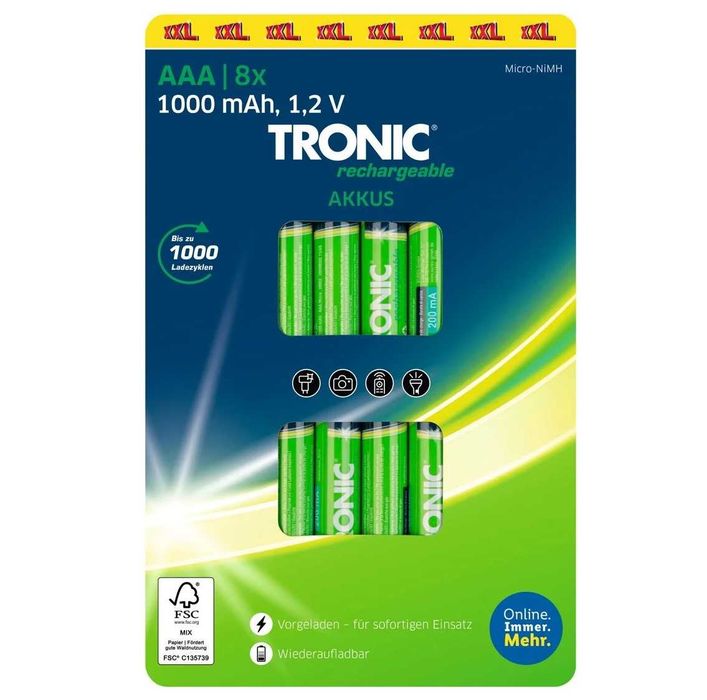 Set 8 acumulatori AAA R3 1000 mA NiMH Tronic®, nou, sigilat, din Germania. Ideale pentru telecomenzi jucarii, iluminat lampi Calitate premium