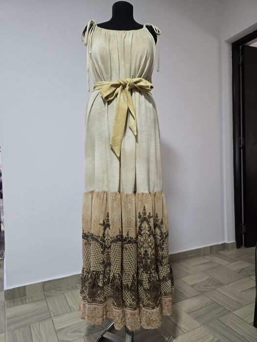 Rochie lunga din bumbac cu volane din sifon, cordon in talie