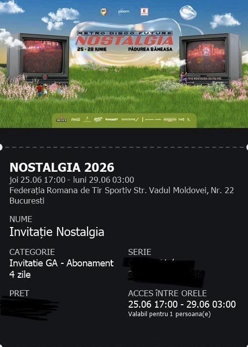 2 bilete Nostalgia 2026 GA – Abonament 4 zile – 330 lei/bilet