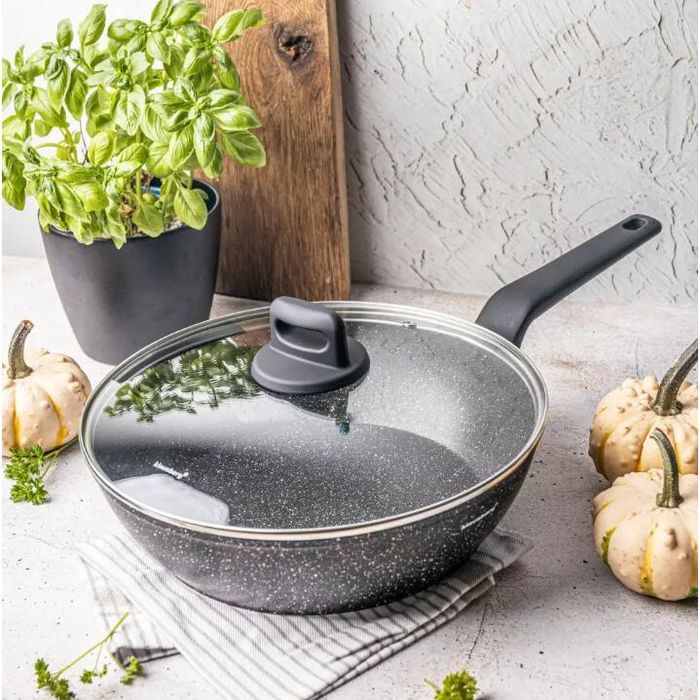 Tigaie din aluminiu turnat, marmorata, cu capac, neagra, 28cm,