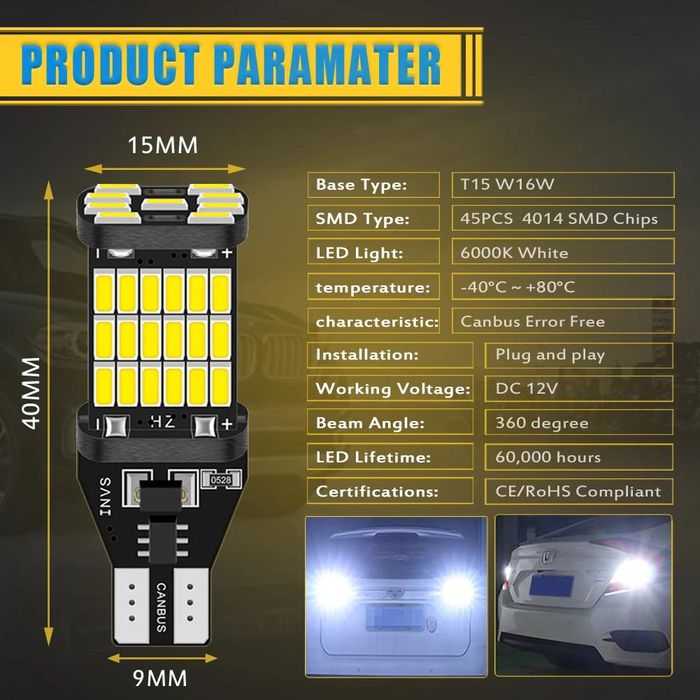 Лед крушки 2бр. CANBUS T15 W16W 45SMD 4014