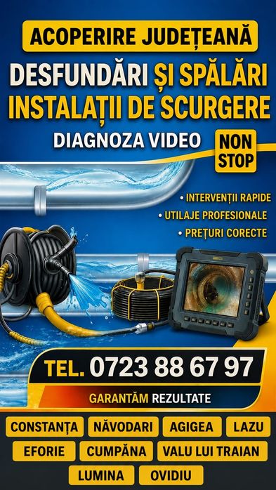 Diagnoza Video Desfundare canalizare desfundare teava conducta wc sifon chiuveta lavoar cada dus non stop ieftin Agigea Lazu Costinesti Spalare teava