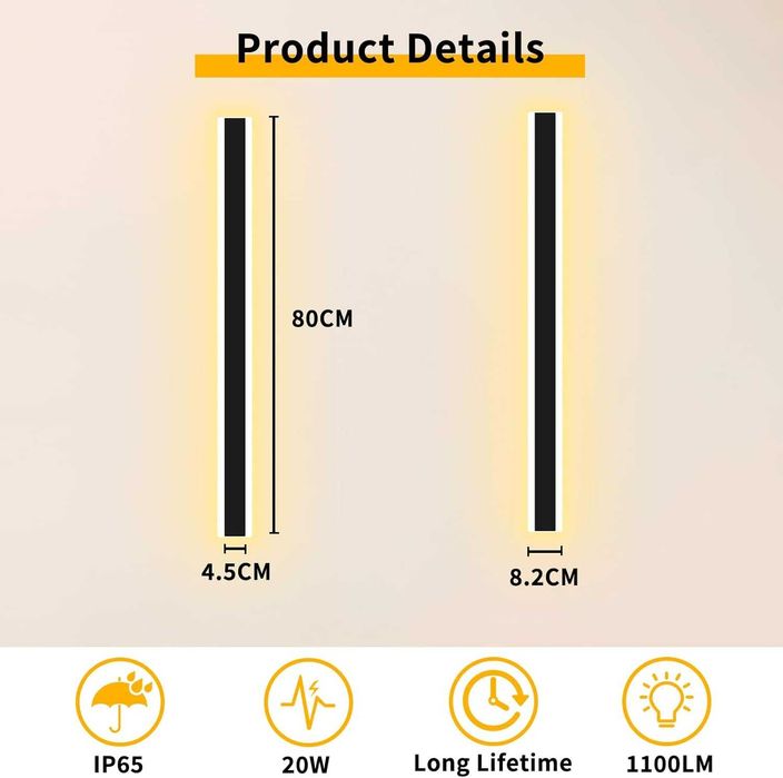 LED външна стенна лампа, димируема 80 см, 32 W, дистанционно, черна