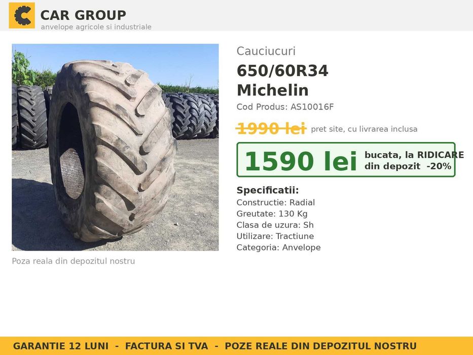 Anvelope Cauciucuri 650/60R34 650 60 R34 6506034 650 60R34 Michelin Tractor Utilaje Agricole Radial SH Second Hand LIVRARE Garantie 1 An Factura