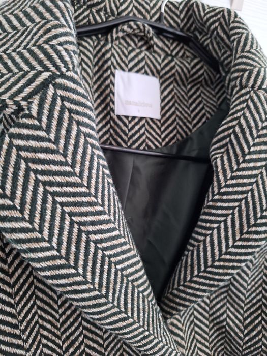 Palton S Mamalicious cu 20% lana, in V, cu cordon alb negru